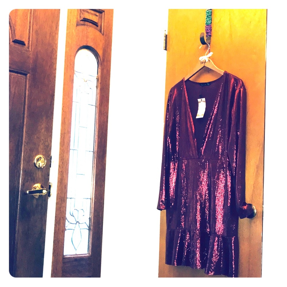 Metallic Plunge Ruffle Hem Skater Dress